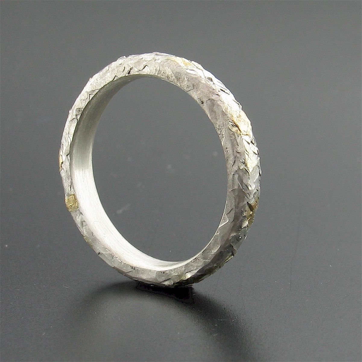 Silver and gold hammered thin wedding ring, Morning View design. Designer Wedding Rings CumbrianDesigns 