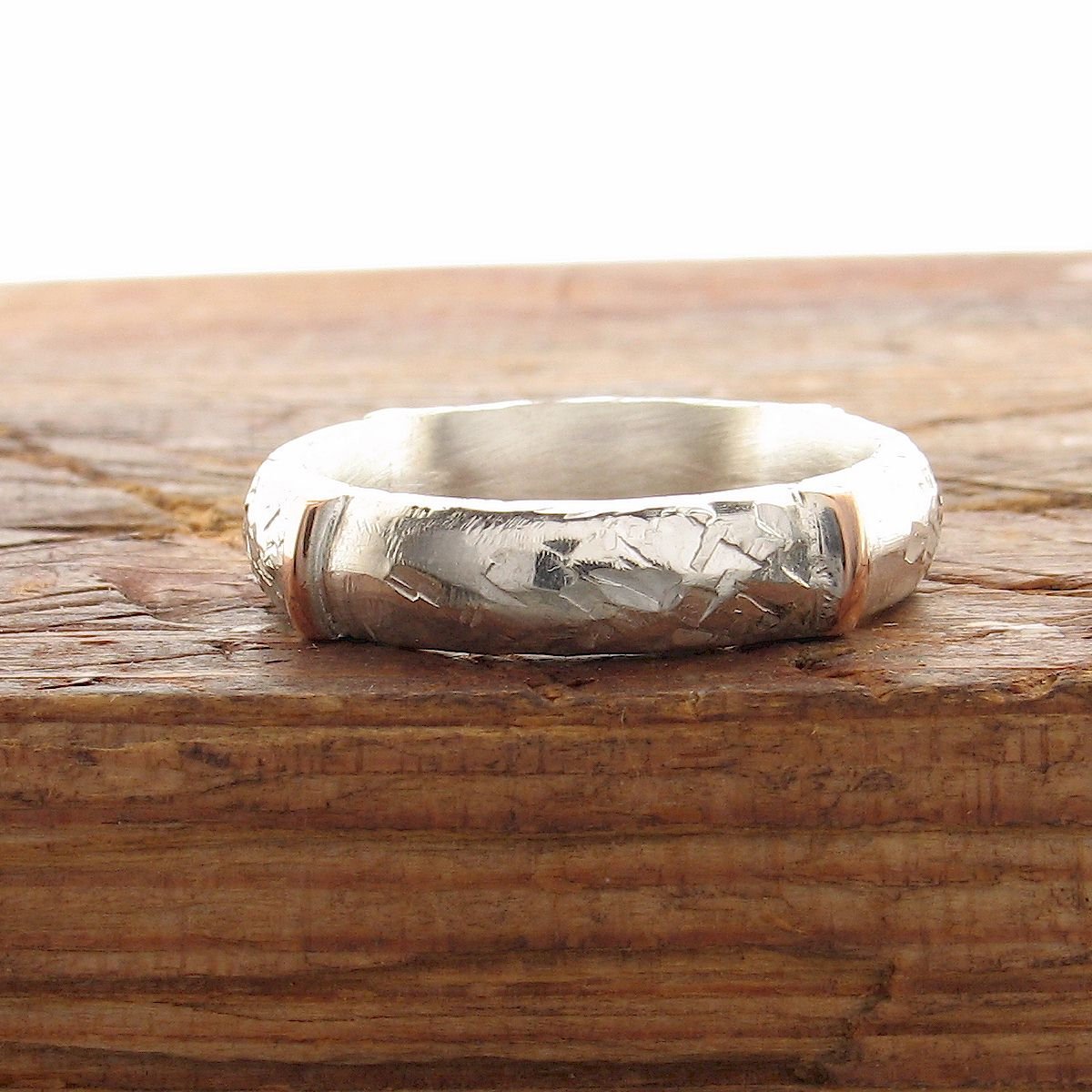 Rustic 4mm wedding ring in rose gold and silver, Lakeland Mine White design - Cumbrian Designs