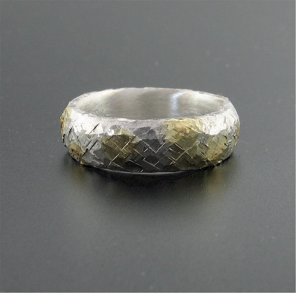 Silver Morning View court wedding ring with rustic hammered surface. Original design 5mm handmade band - Cumbrian Designs
