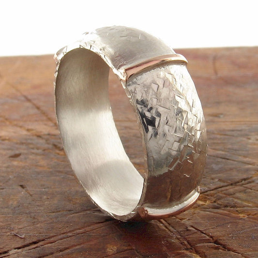 Rustic 8mm wedding ring in rose gold and silver, Lakeland Mine White design. - Cumbrian Designs