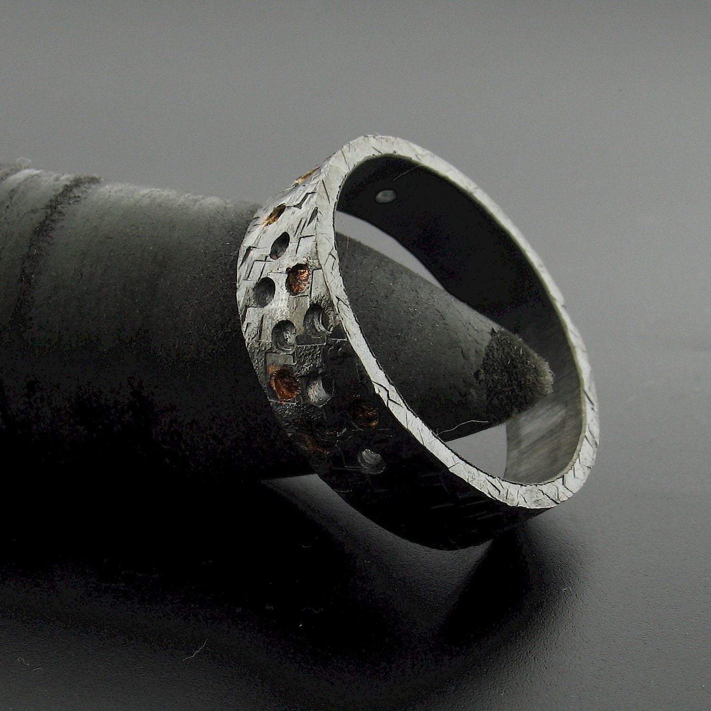 Black hammered wide wedding ring Night Stars design. - Cumbrian Designs