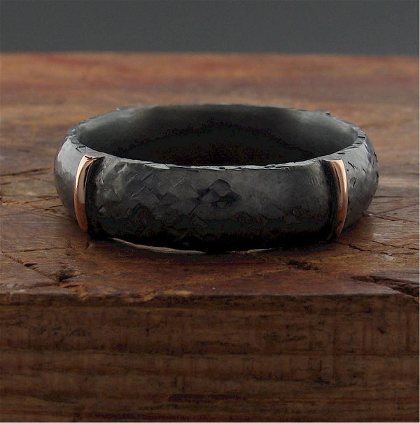 Mens black silver & rose gold wedding ring Lakeland Mine design. - Cumbrian Designs