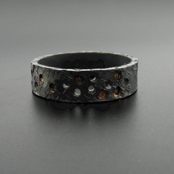 Black hammered wide wedding ring Night Stars design. Mens Designer Rings Wedding Ring 