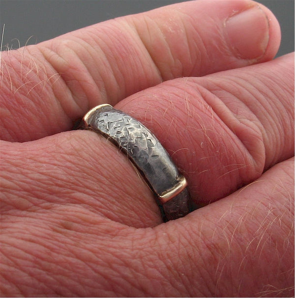 Mens black silver & rose gold wedding ring Lakeland Mine design. Mens Designer Rings Wedding Ring 