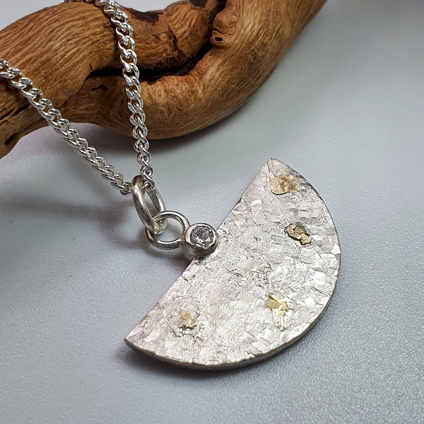 Diamond set silver and gold pendant, Morning View half circle design - Cumbrian Designs