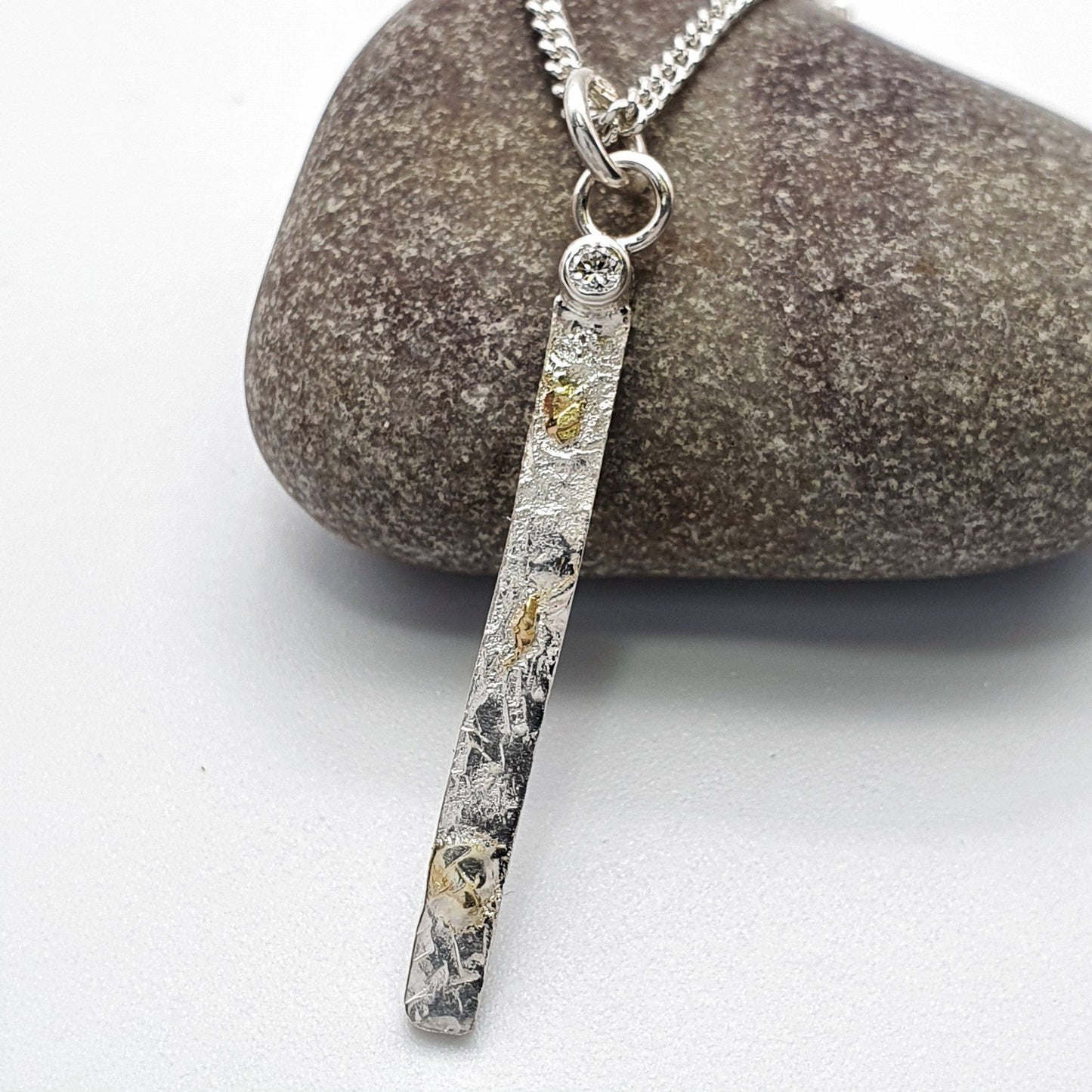 Diamond set silver and gold pendant, Morning View long drop design - Cumbrian Designs