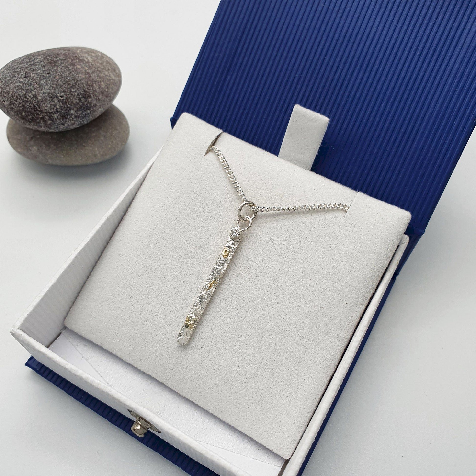 Diamond set silver and gold pendant, Morning View long drop design - Cumbrian Designs