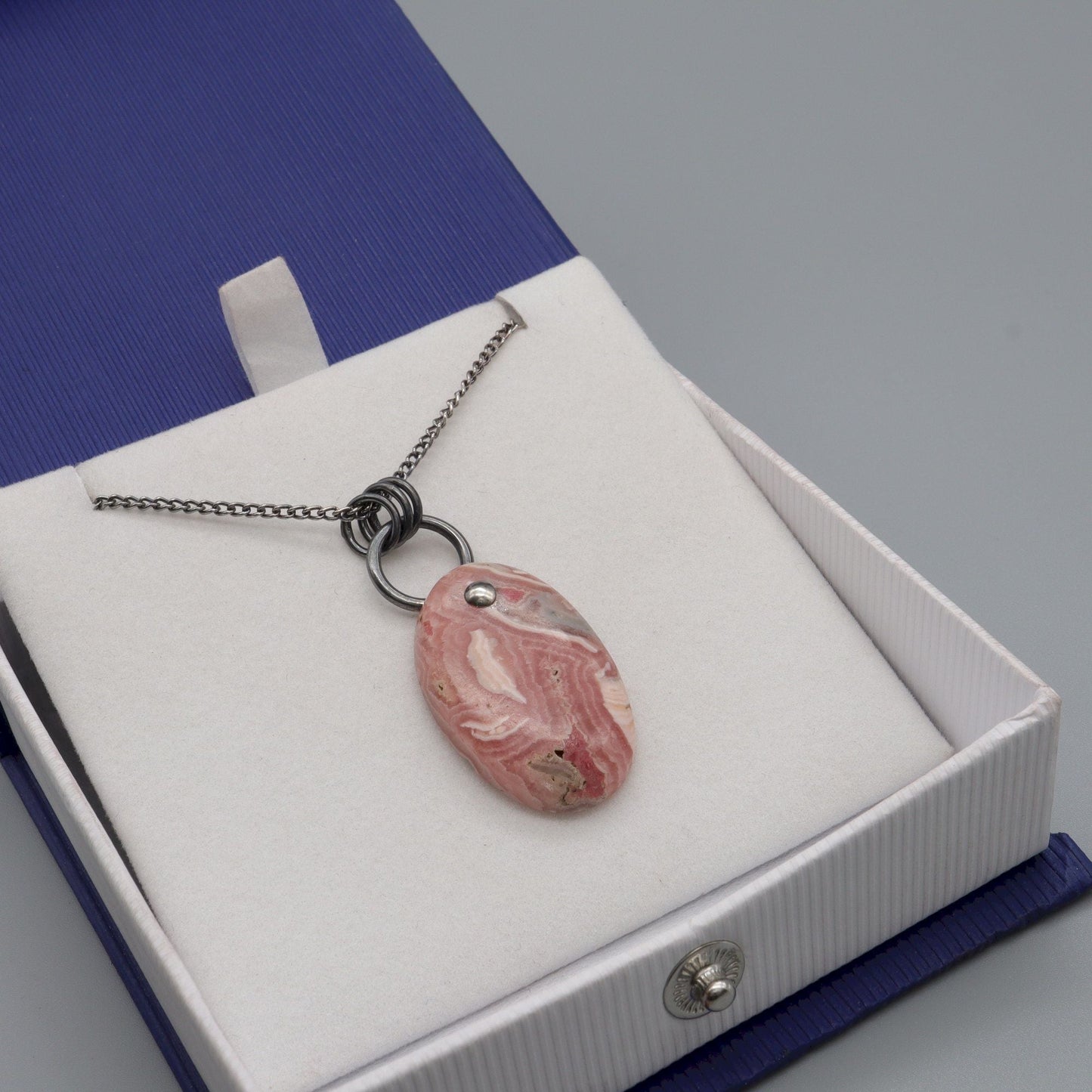 Pink Lace Agate oval drop handmade antique darkened silver necklace - Gretna Green Wedding Rings
