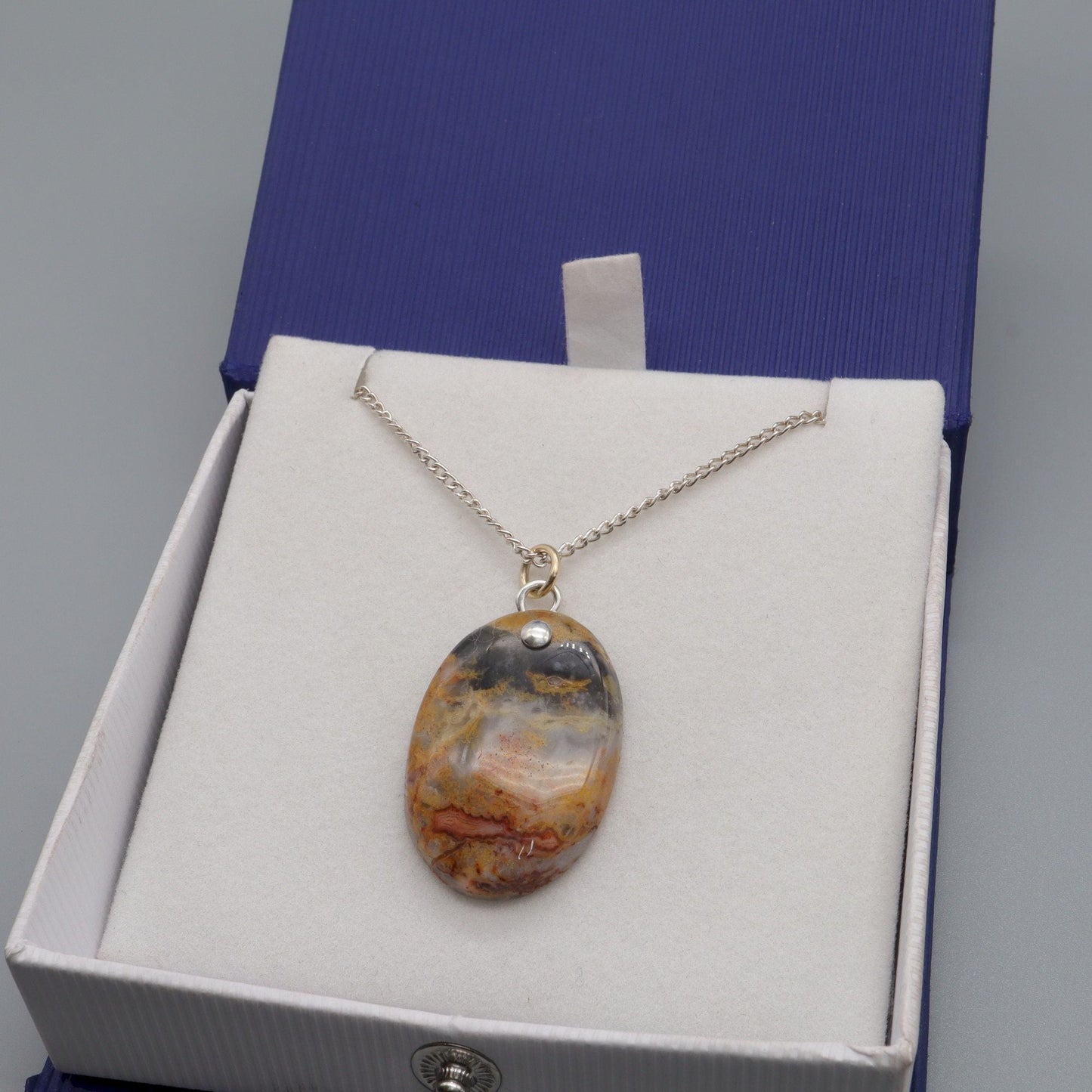 Orange Lace Agate oval drop handmade silver necklace - Gretna Green Wedding Rings