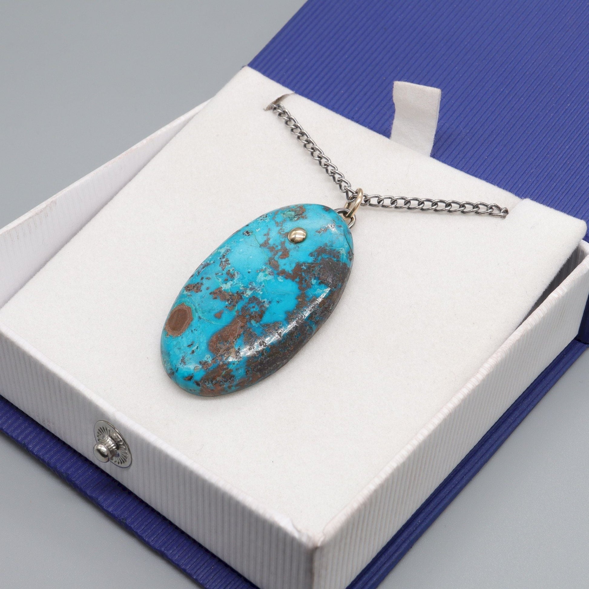 Blue Chrysocolla oval drop handmade antique darkened gold and silver necklace - Gretna Green Wedding Rings