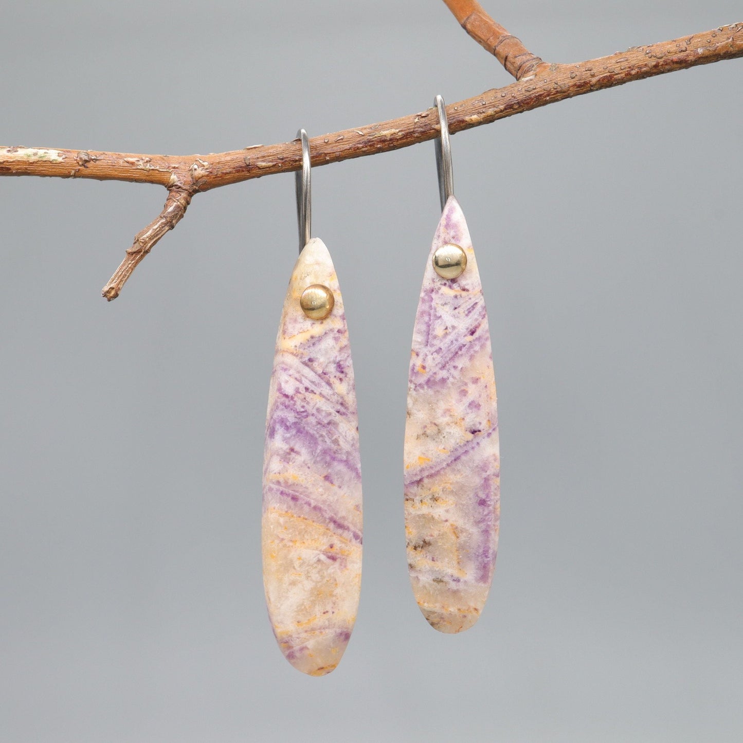 Drop earrings, purple Flourite gemstones with antique dark silver and gold fittings - Gretna Green Wedding Rings