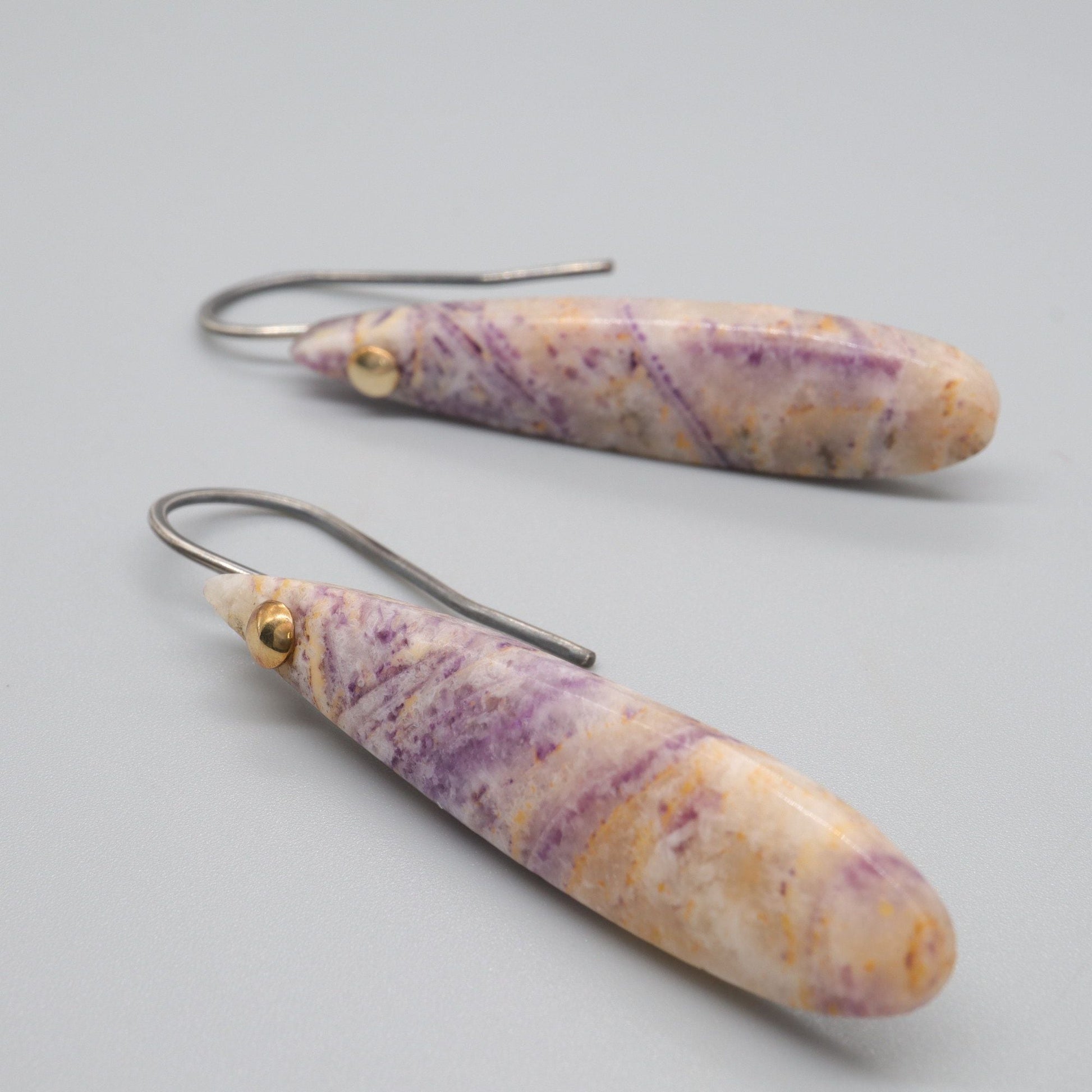 Drop earrings, purple Flourite gemstones with antique dark silver and gold fittings - Gretna Green Wedding Rings