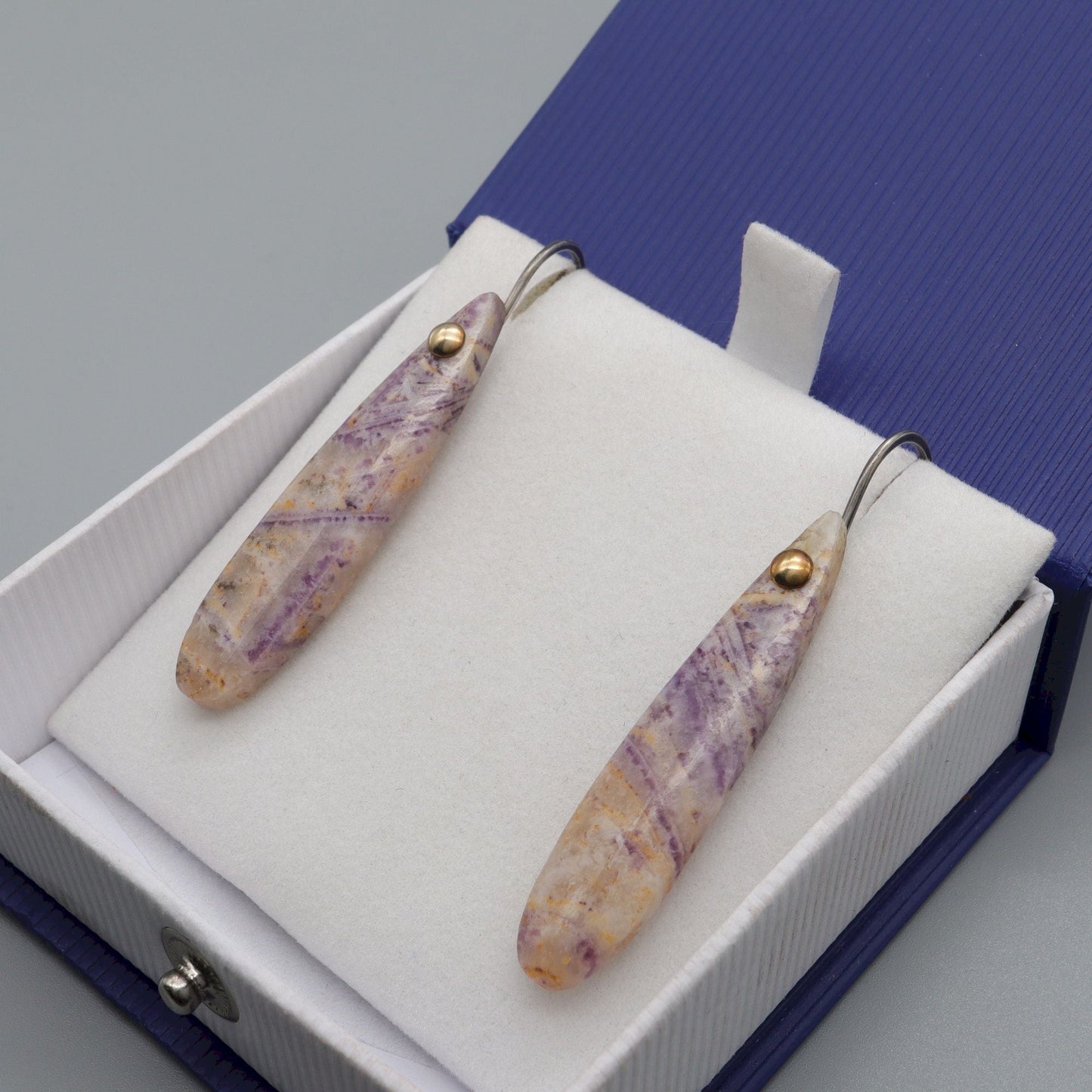 Drop earrings, purple Flourite gemstones with antique dark silver and gold fittings - Gretna Green Wedding Rings