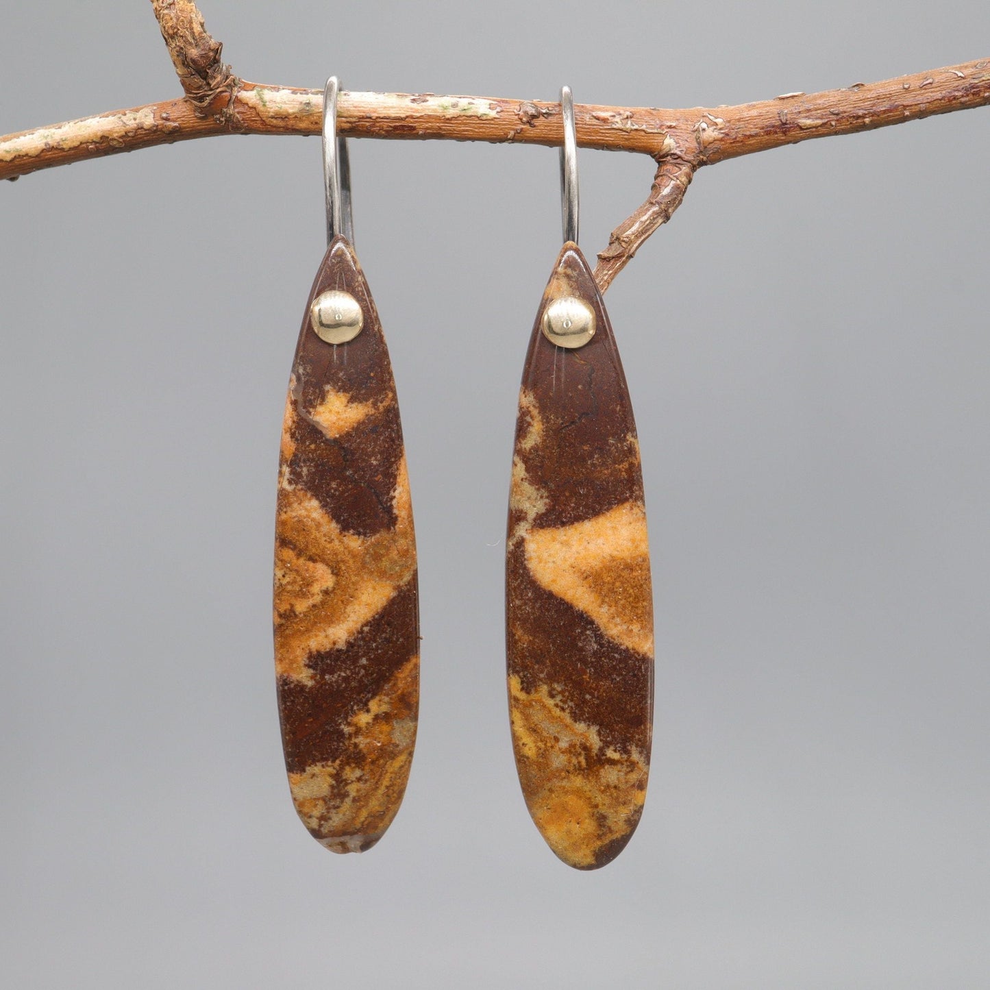 Drop earrings, Australian Outback Jasper gemstones with antique dark silver and gold fittings - Gretna Green Wedding Rings