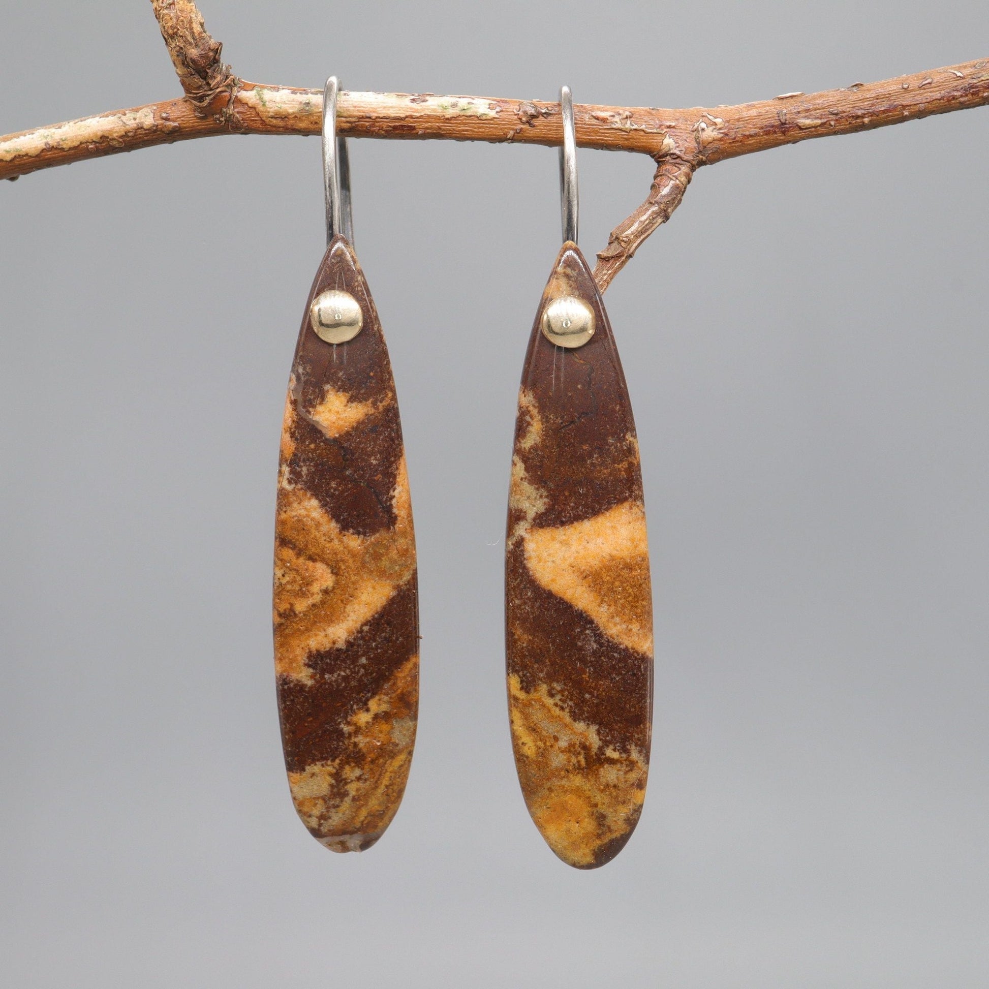 Drop earrings, Australian Outback Jasper gemstones with antique dark silver and gold fittings - Gretna Green Wedding Rings