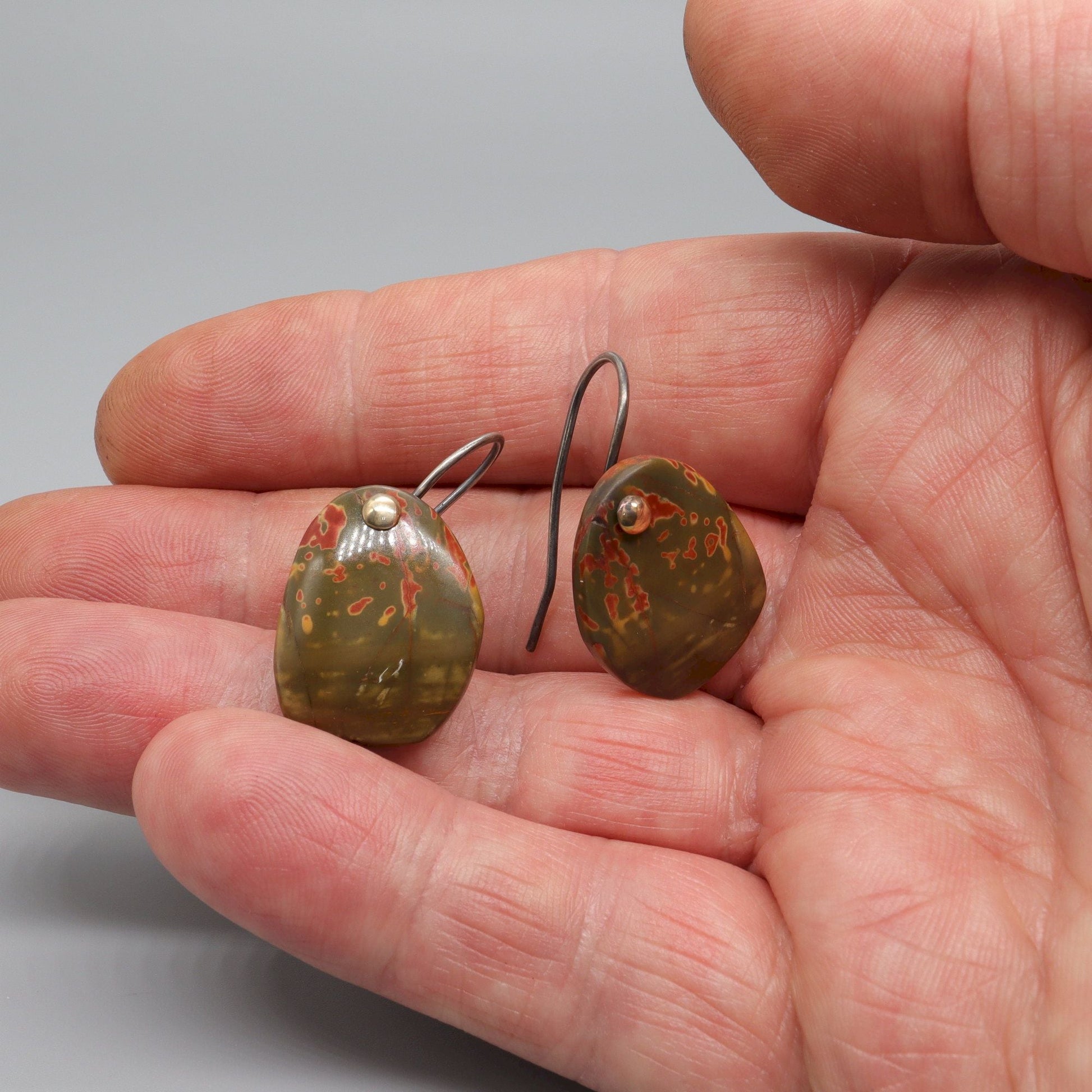 Drop earrings, Red Creek Jasper gemstones with antique dark silver and gold fittings - Gretna Green Wedding Rings