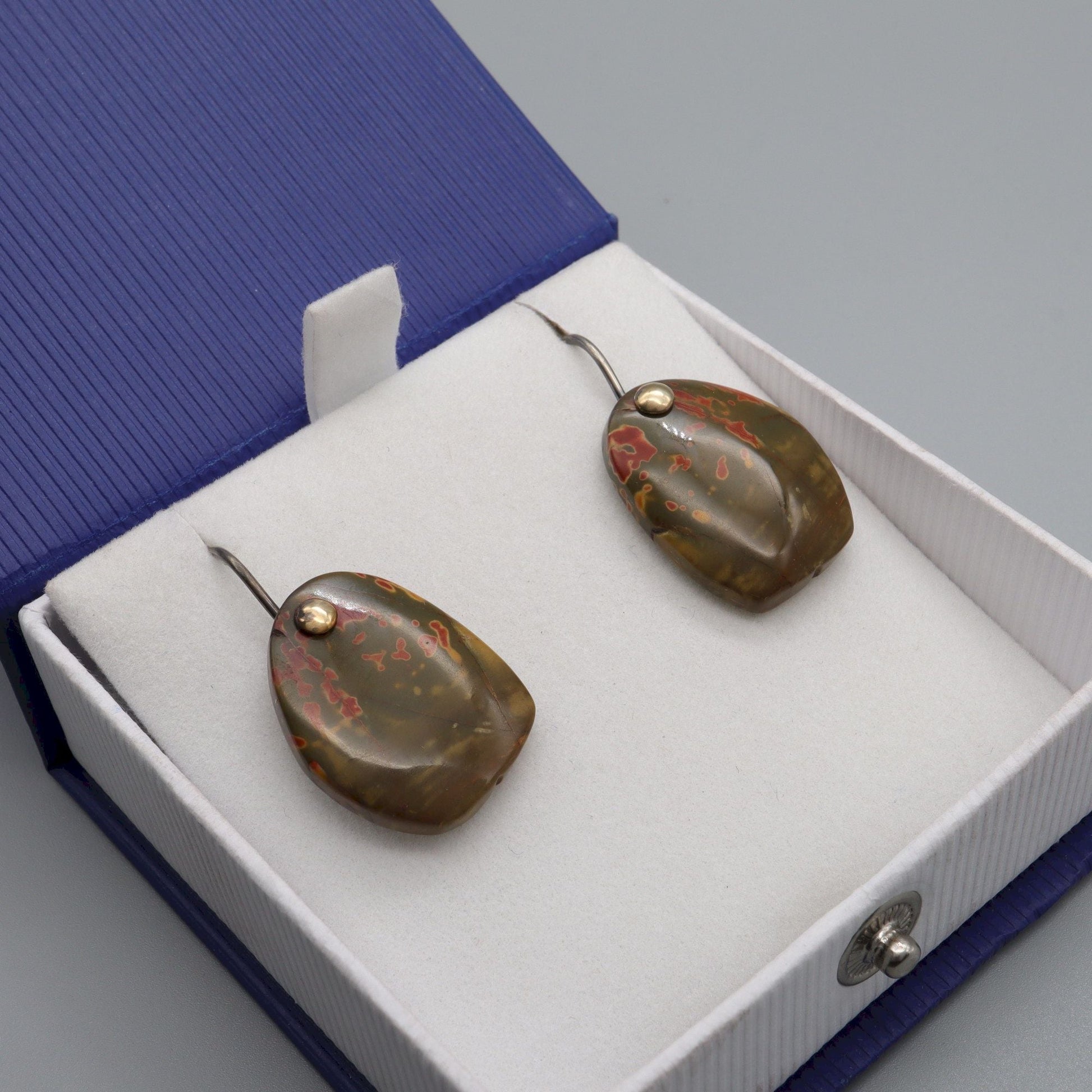 Drop earrings, Red Creek Jasper gemstones with antique dark silver and gold fittings - Gretna Green Wedding Rings