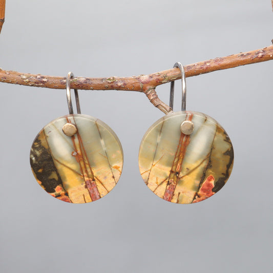 Red Creek Jasper round drop earrings with yellow gold and silver handmade fittings - Gretna Green Wedding Rings