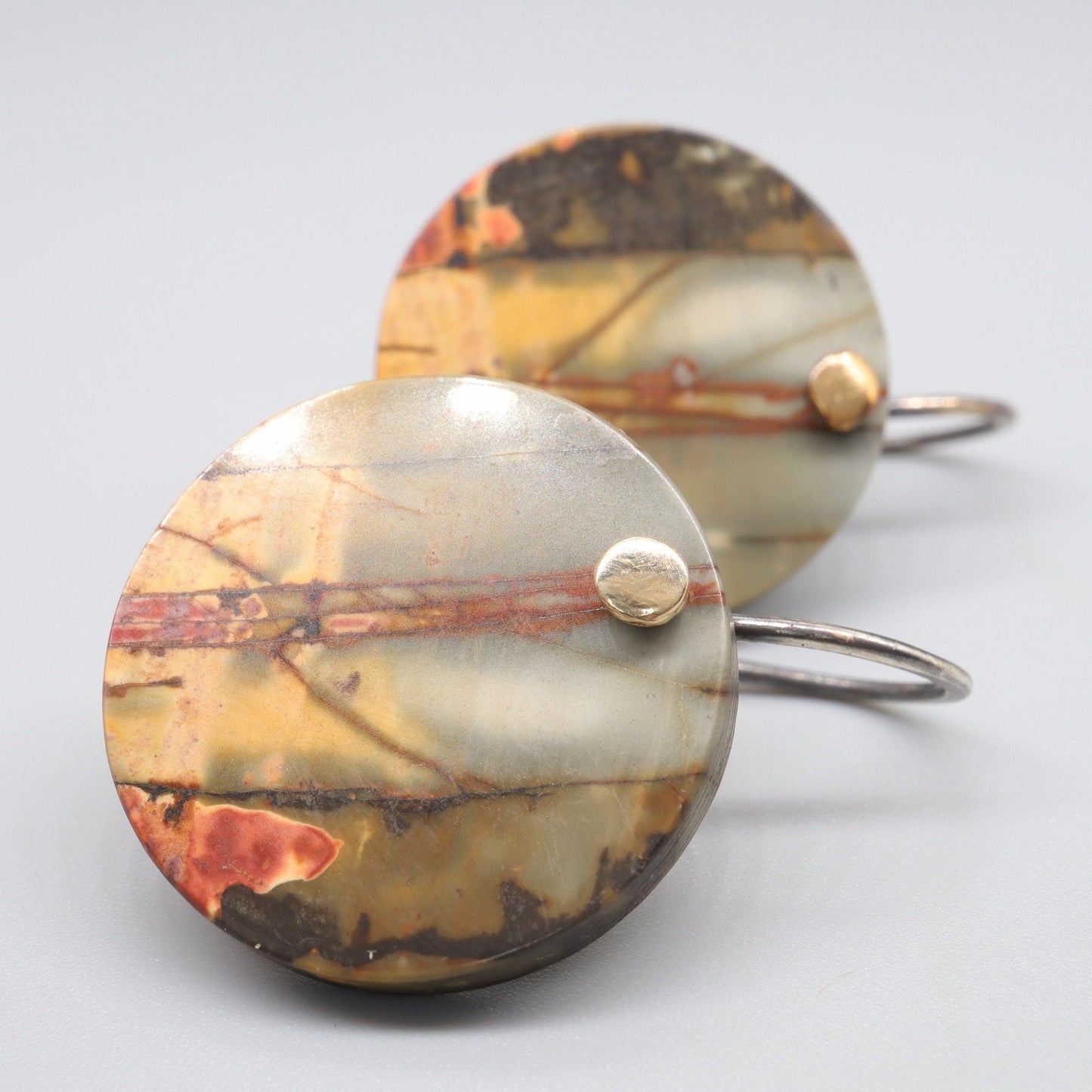 Red Creek Jasper round drop earrings with yellow gold and silver handmade fittings - Gretna Green Wedding Rings