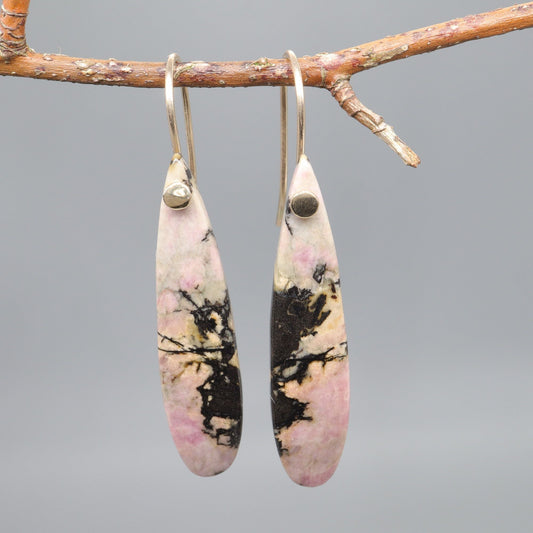 Drop earrings handmade pink and black Rhodonite with yellow gold fittings - Gretna Green Wedding Rings