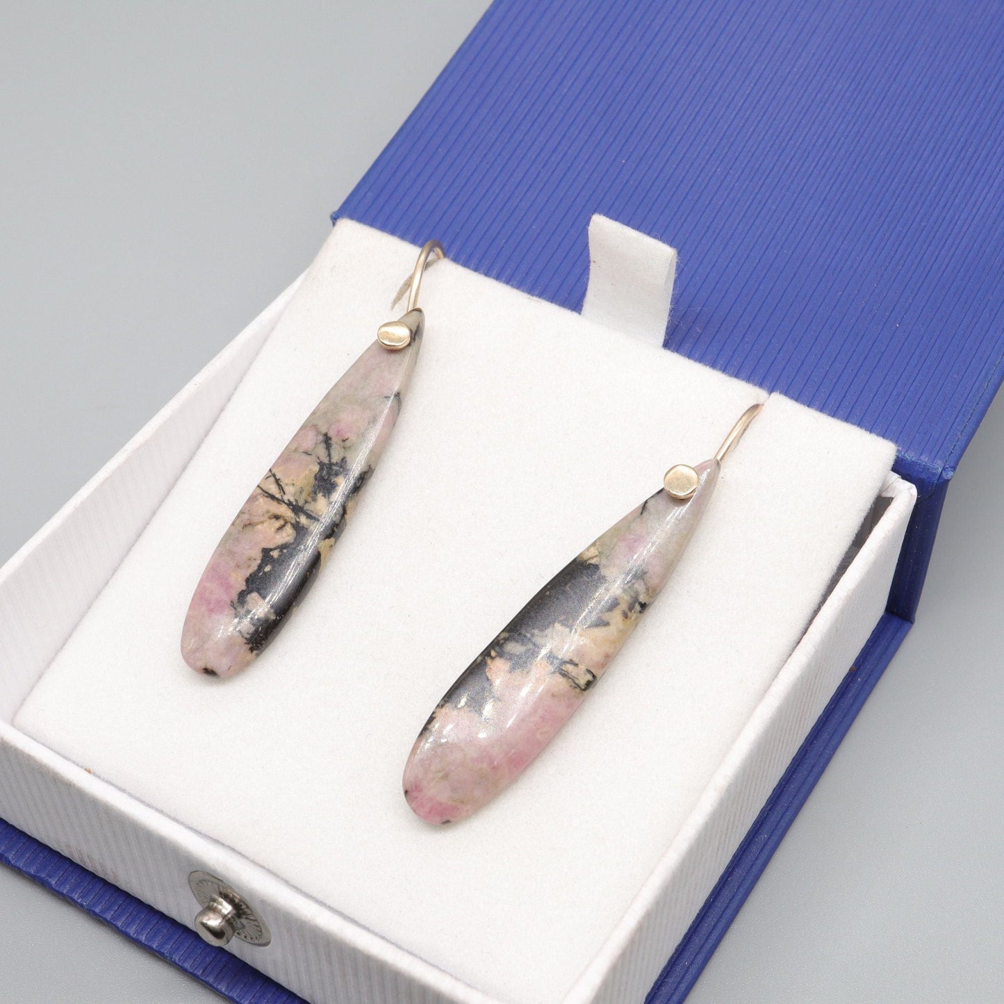 Drop earrings handmade pink and black Rhodonite with yellow gold fittings - Gretna Green Wedding Rings