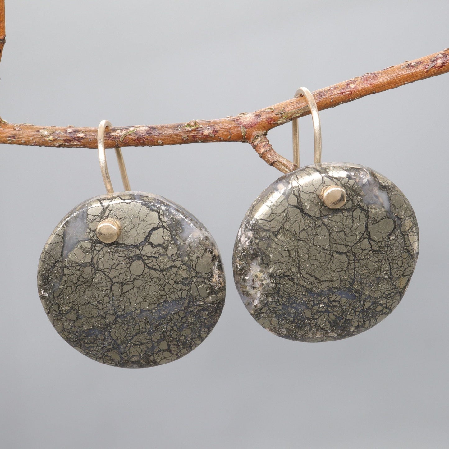 Large Marcasite round drop earrings with yellow gold handmade fittings - Gretna Green Wedding Rings