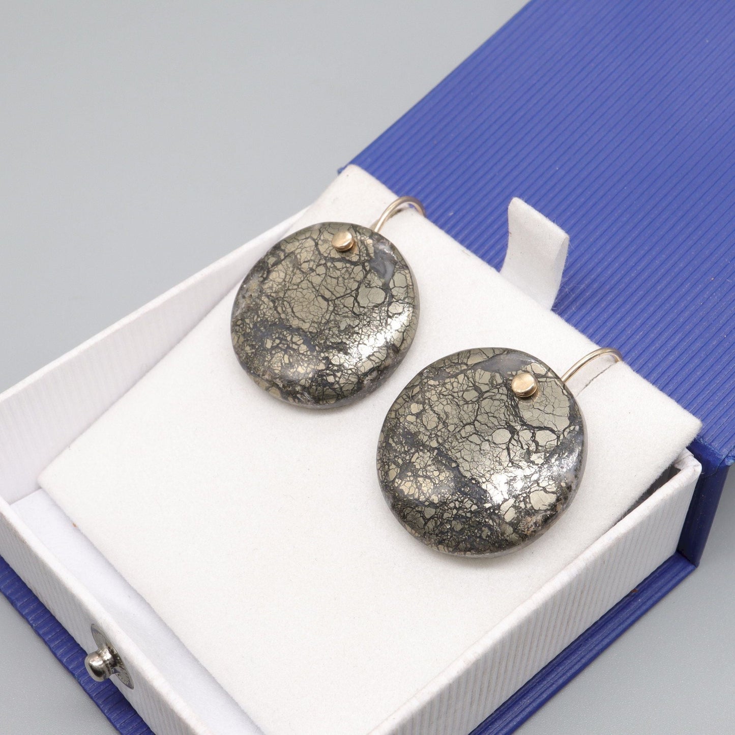 Large Marcasite round drop earrings with yellow gold handmade fittings - Gretna Green Wedding Rings
