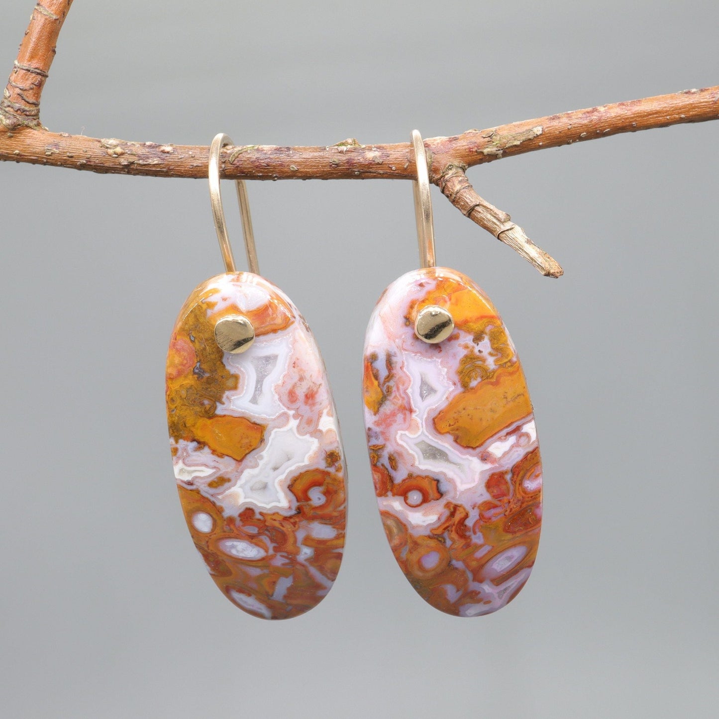 Oval drop earrings, Red Palm Root Agate with yellow gold fittings - Gretna Green Wedding Rings