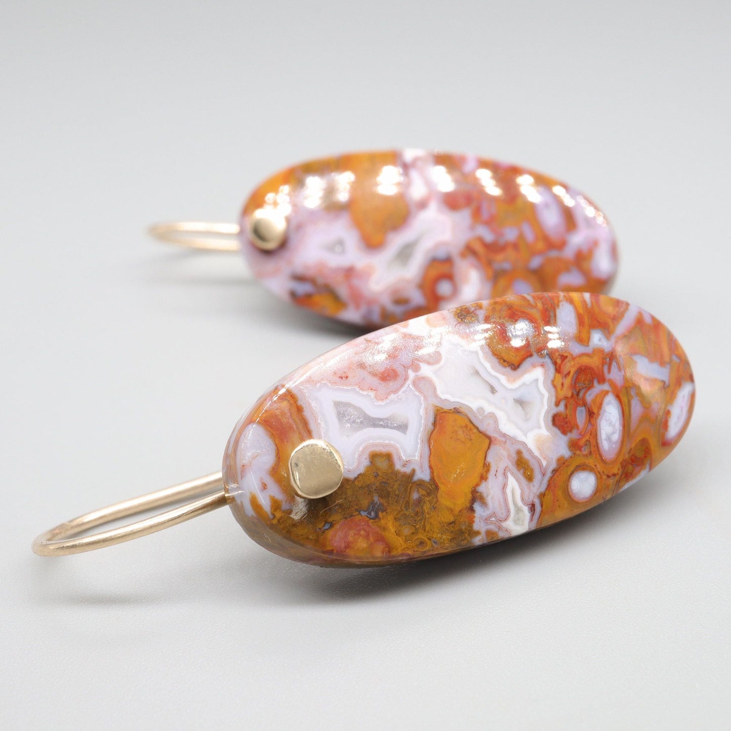 Oval drop earrings, Red Palm Root Agate with yellow gold fittings - Gretna Green Wedding Rings