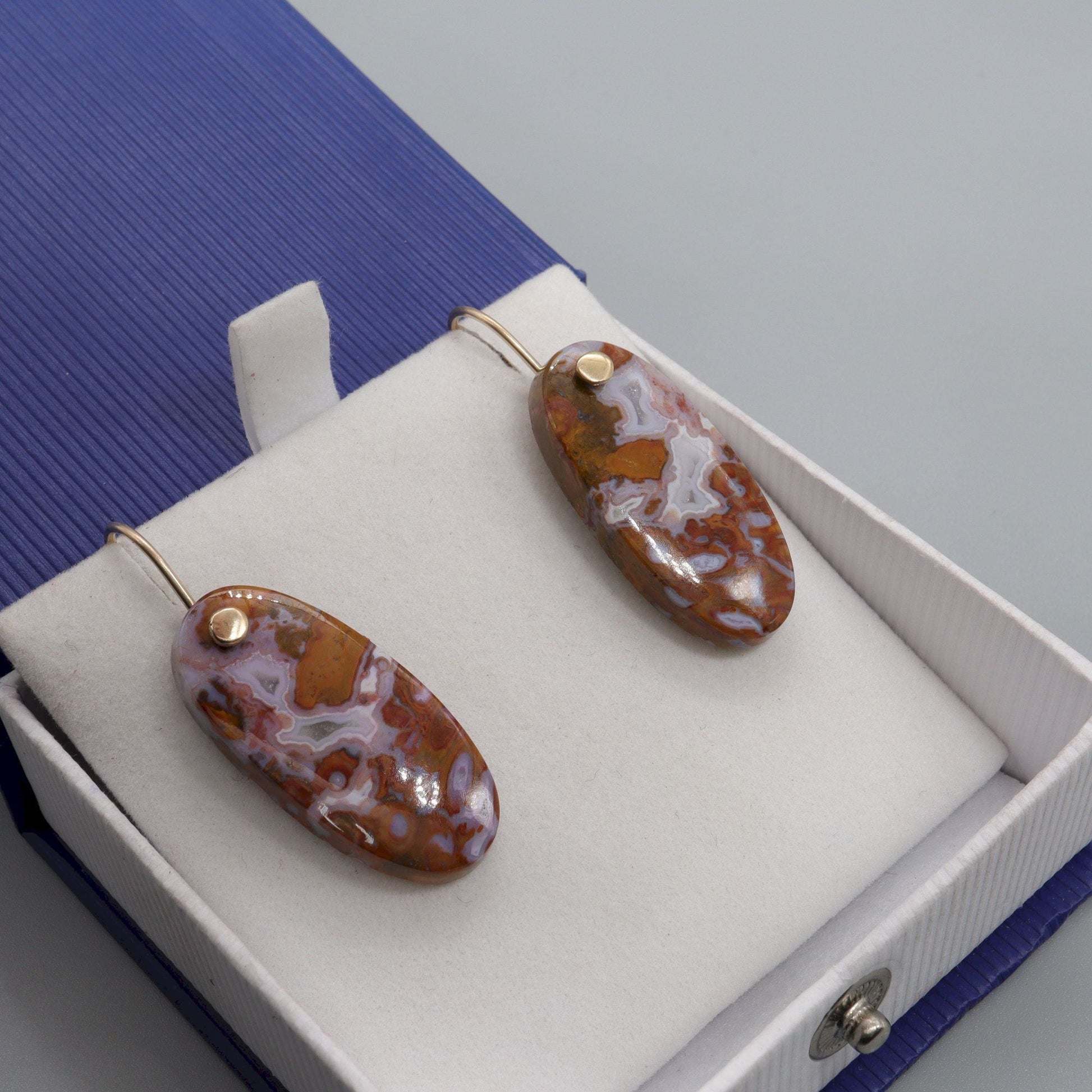 Oval drop earrings, Red Palm Root Agate with yellow gold fittings - Gretna Green Wedding Rings