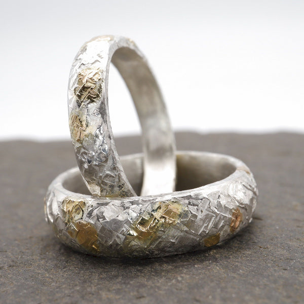 Sunrise matching silver and gold ring set, 4mm and 6mm design.
