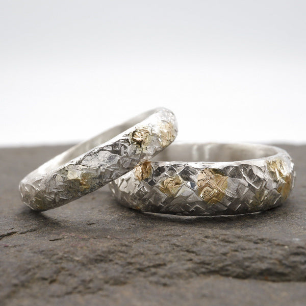 Sunrise matching silver and gold ring set, 4mm and 6mm design.