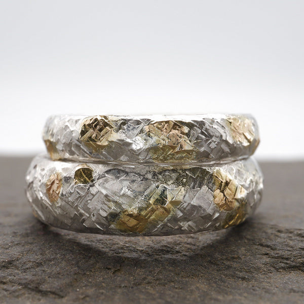 Sunrise matching silver and gold ring set, 4mm and 6mm design.