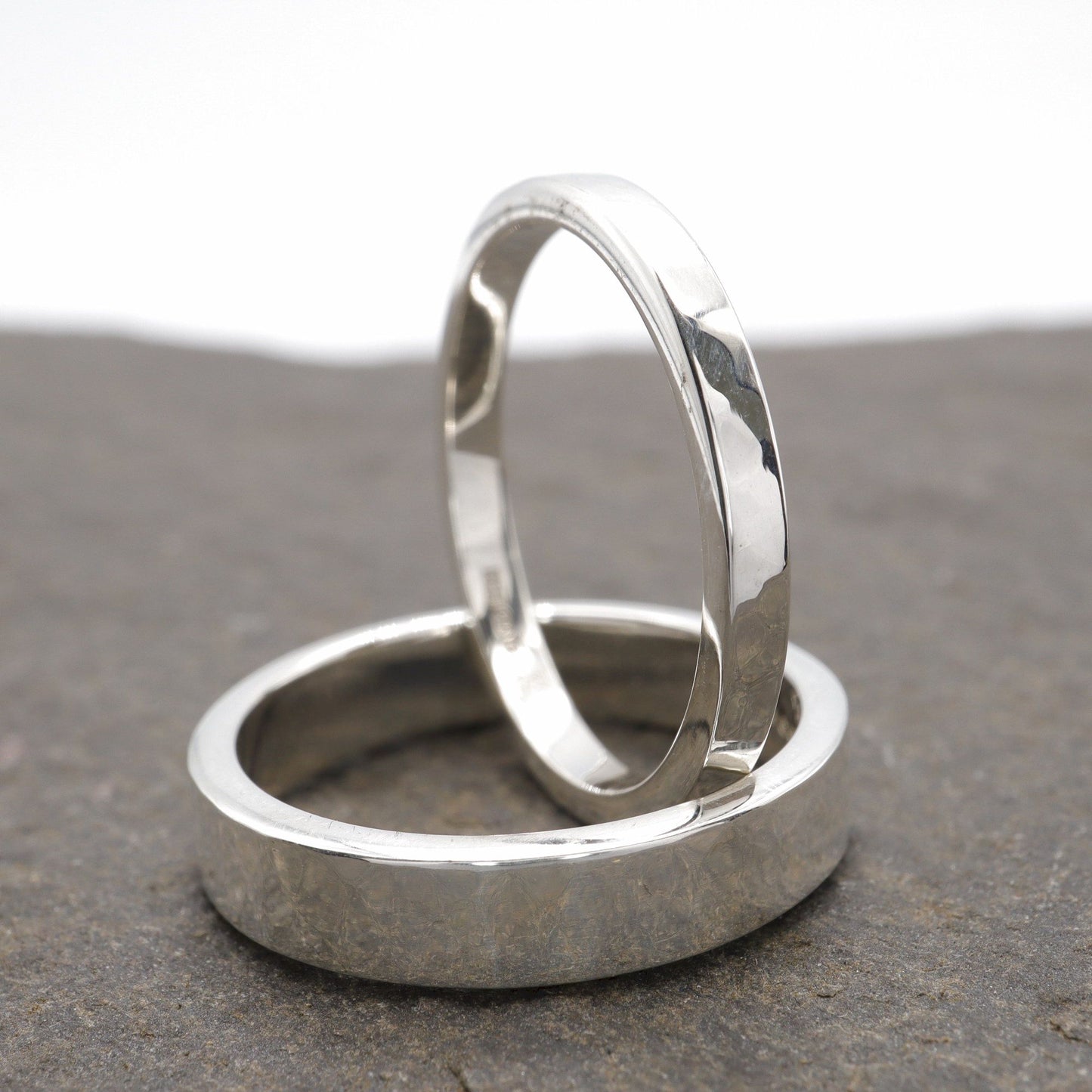 Matching white gold ring set, 2mm and 4mm Water Ripple design.