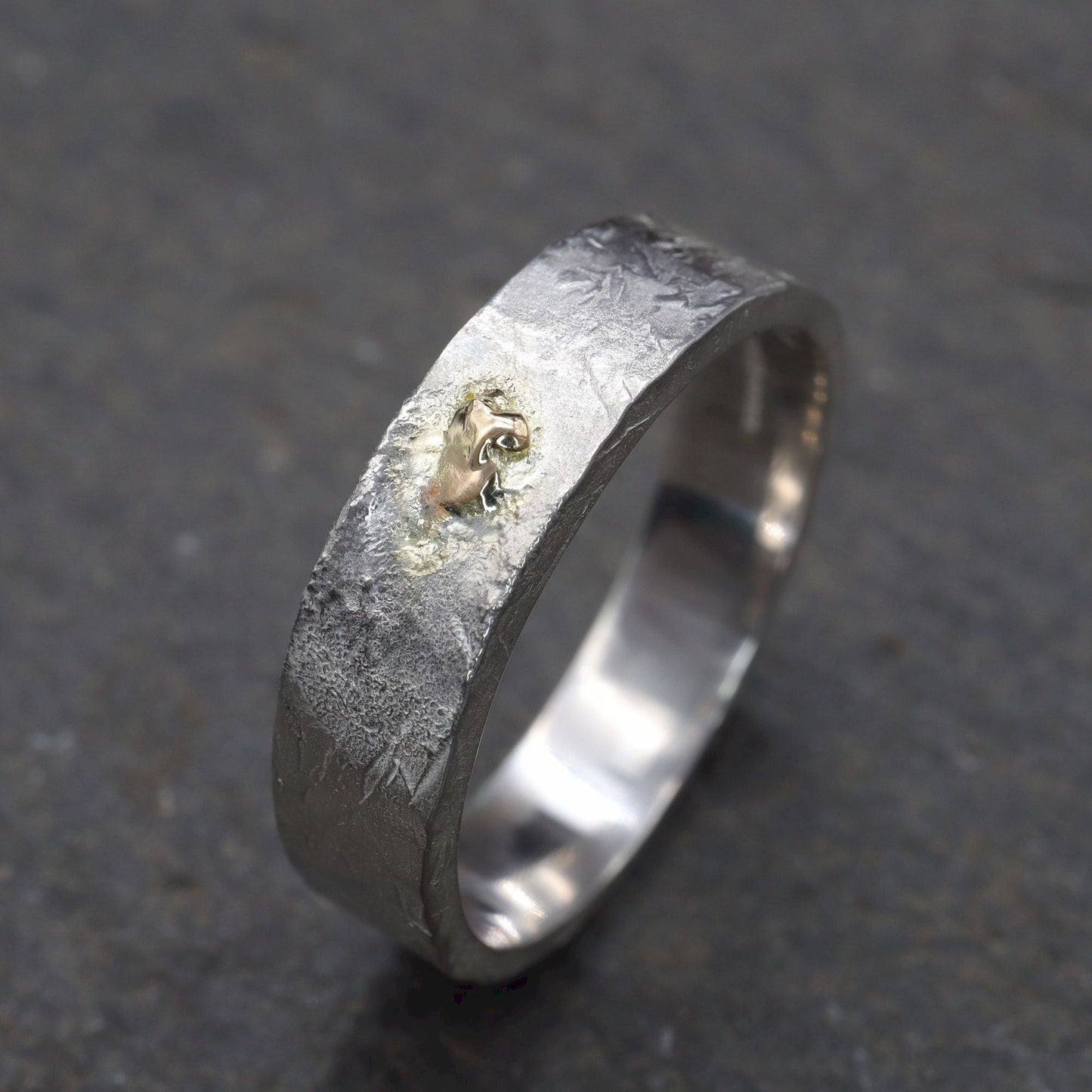 Silver and gold mens engagement ring - hammered textured band - Windermere Sunspot design.