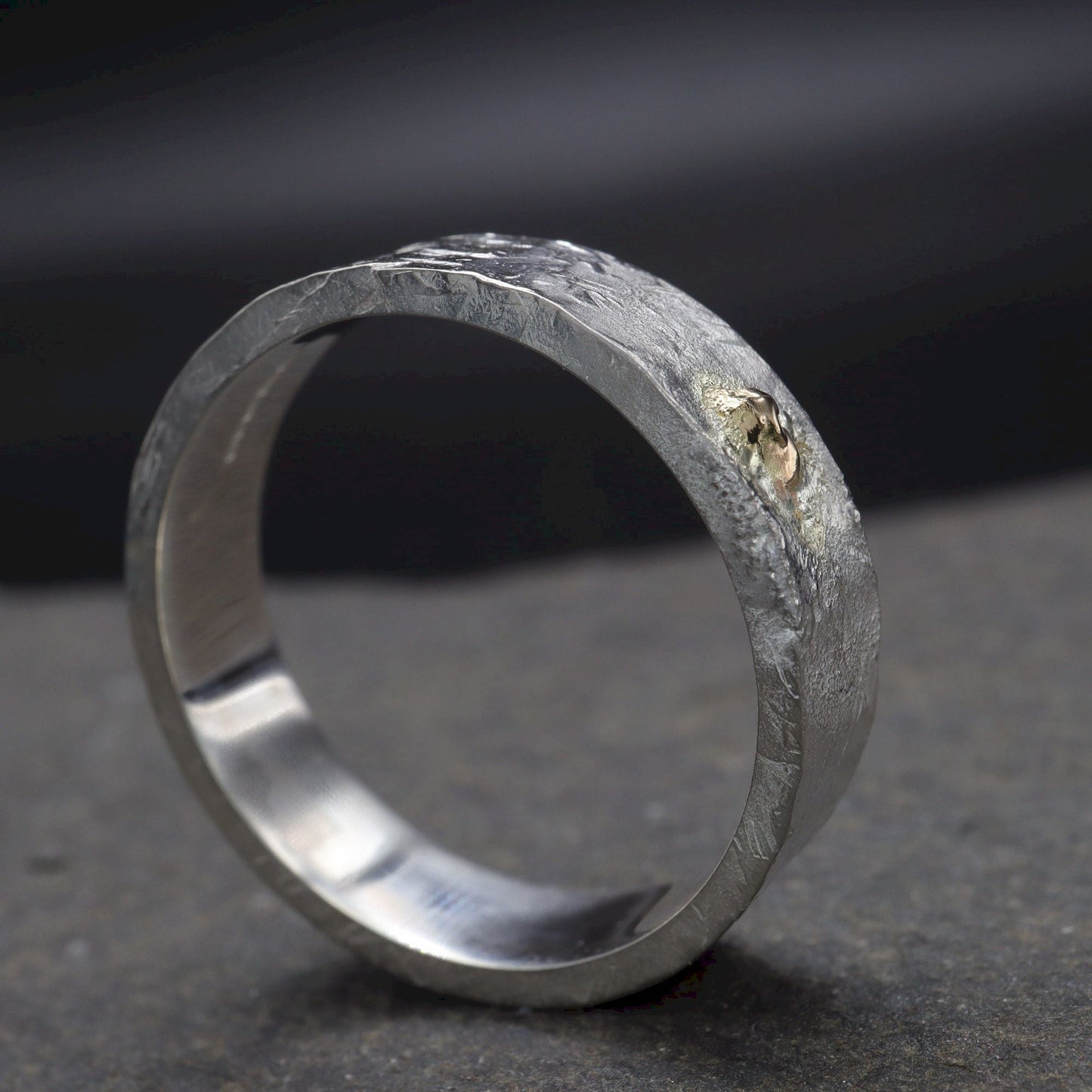Silver and gold mens engagement ring - hammered textured band - Windermere Sunspot design.