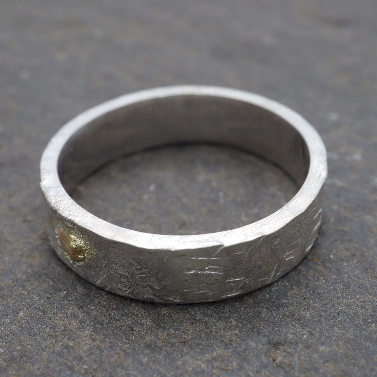 Silver and gold mens engagement ring - hammered textured band - Windermere Sunspot design.