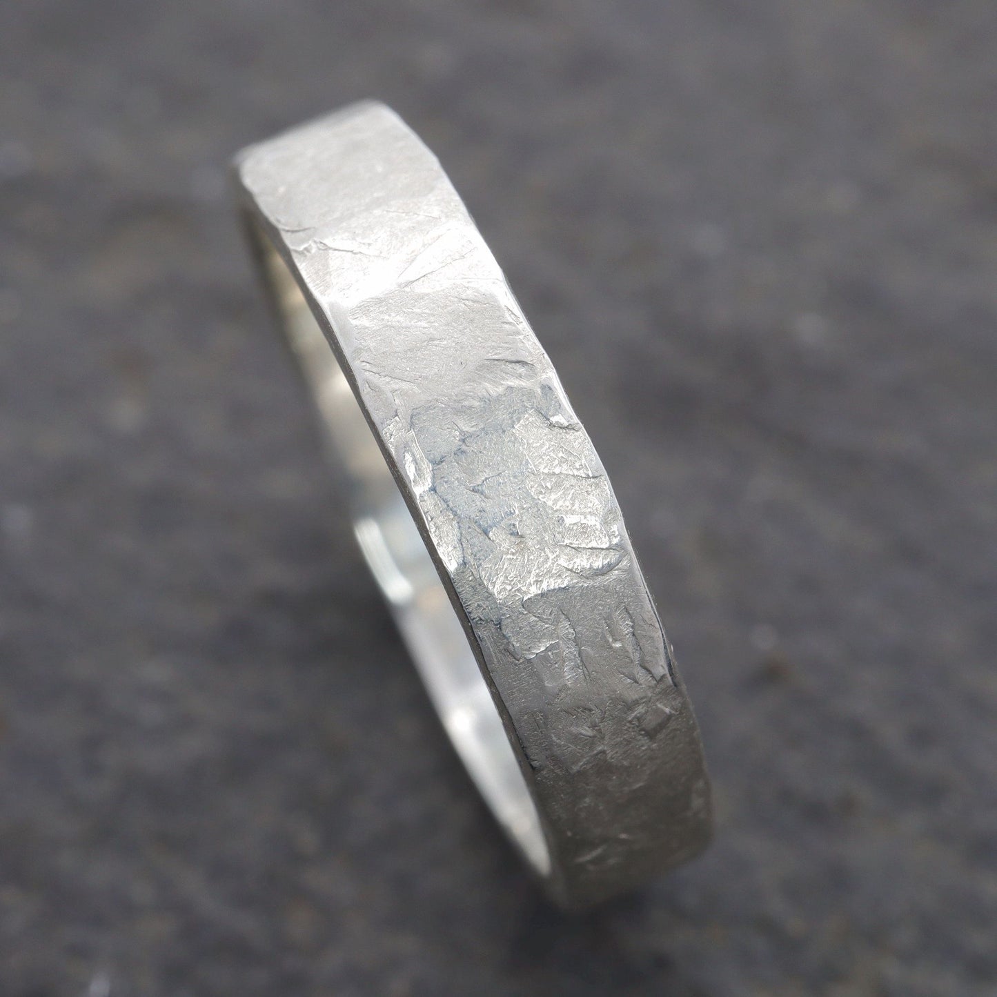 Silver thin wedding ring - rustic flat hammered textured band - Windermere design.