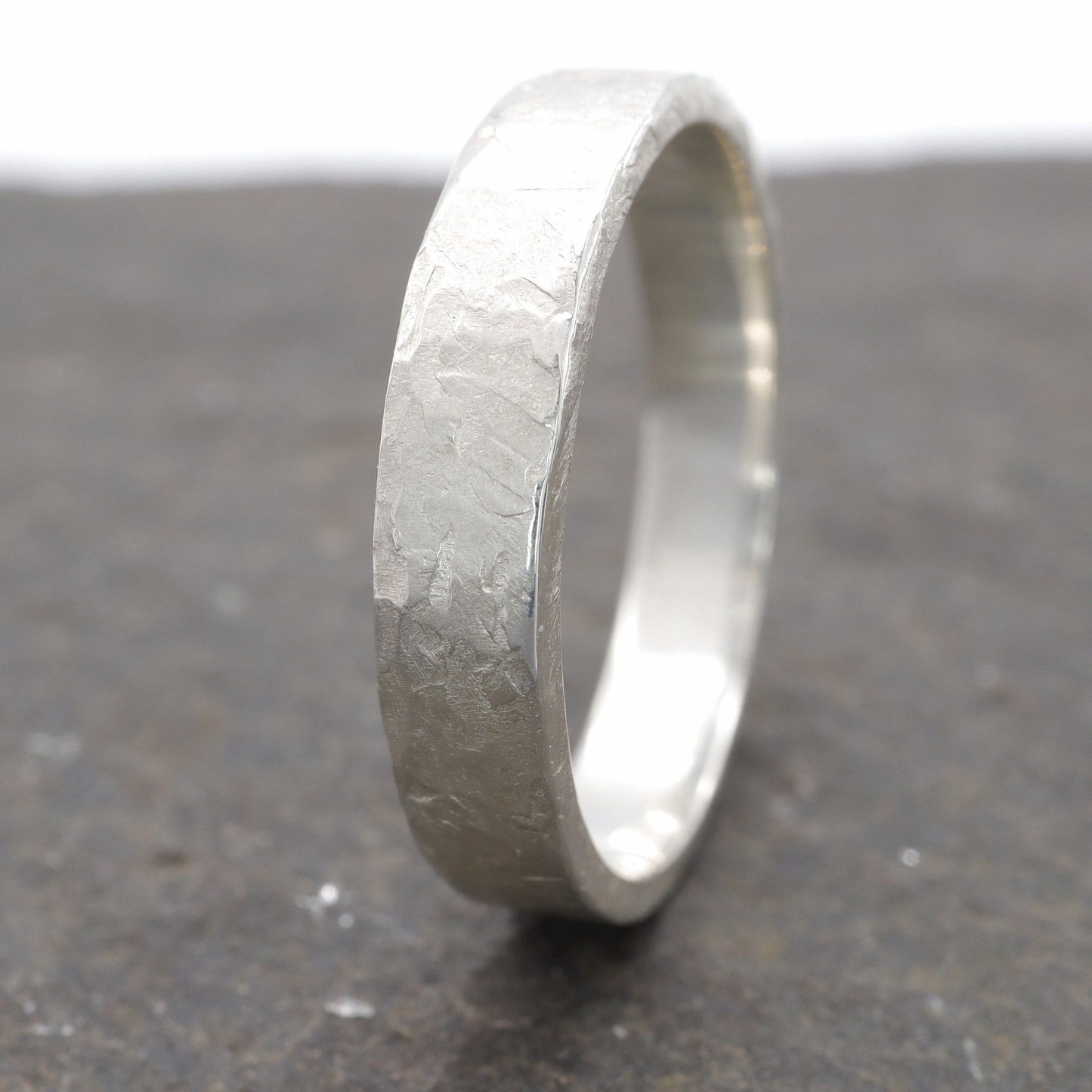 Silver thin wedding ring - rustic flat hammered textured band - Windermere design.