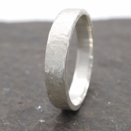 White gold thin wedding ring - rustic flat hammered textured band - Windermere design.