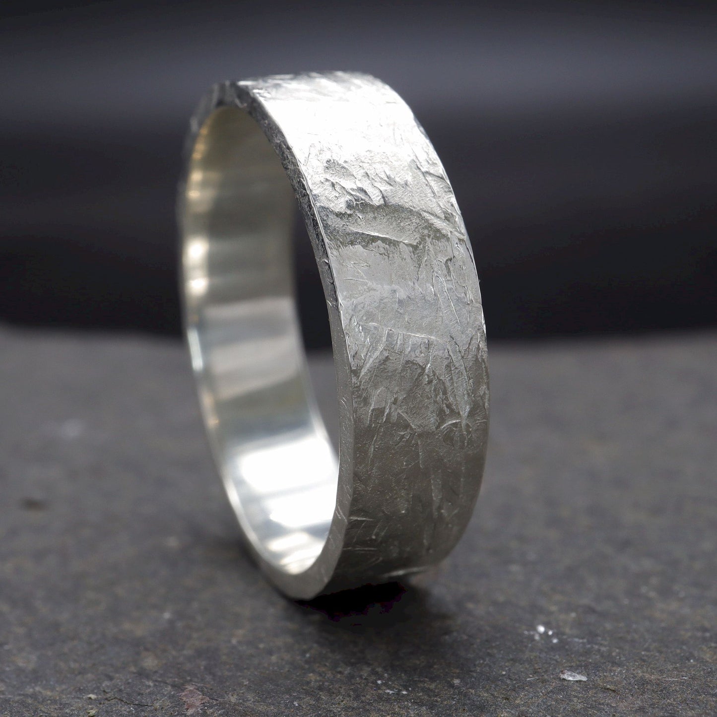 White gold broad wedding ring - rustic flat hammered textured band - Windermere design.
