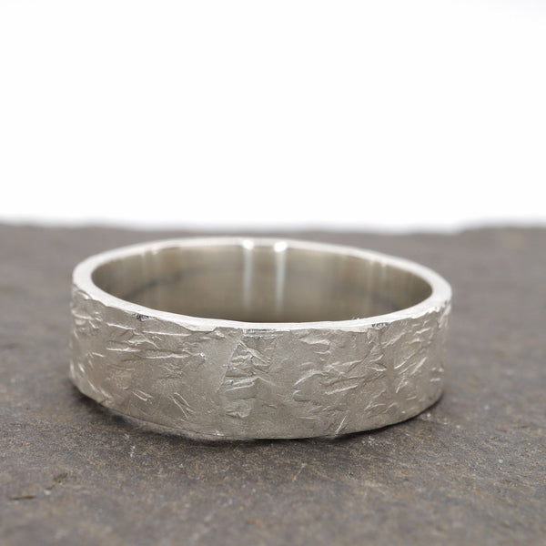 Silver broad wedding ring - rustic flat hammered textured band - Windermere design.