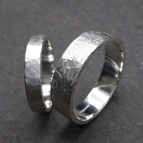White gold matching wider wedding ring set - rustic flat hammered textured band - original couples, Windermere design - 4mm and 6mm.