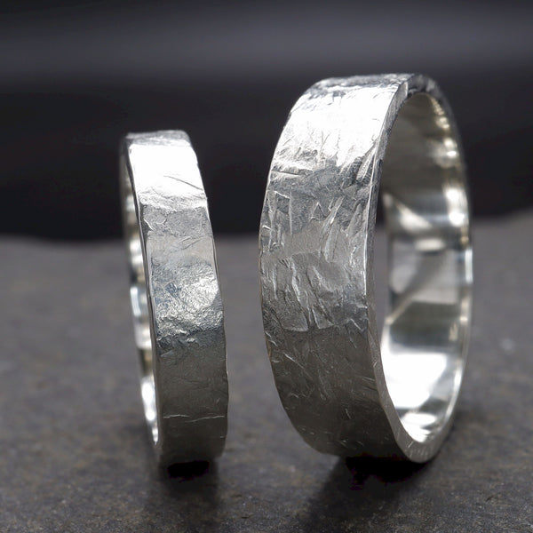 White gold matching wider wedding ring set - rustic flat hammered textured band - original couples, Windermere design - 4mm and 6mm.
