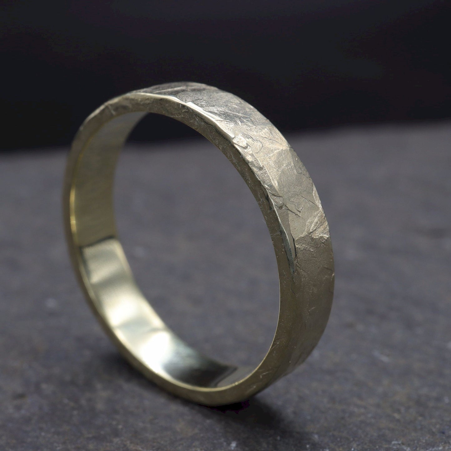 Yellow gold thin wedding ring - rustic flat hammered textured band - Windermere design.