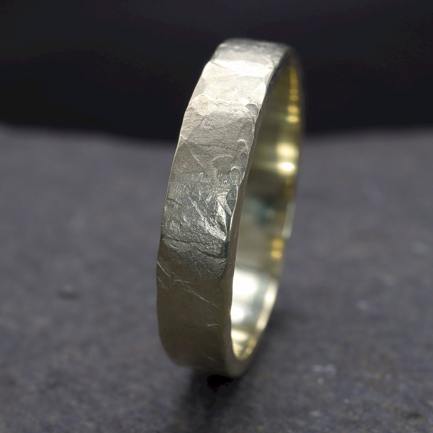 Yellow gold thin wedding ring - rustic flat hammered textured band - Windermere design.
