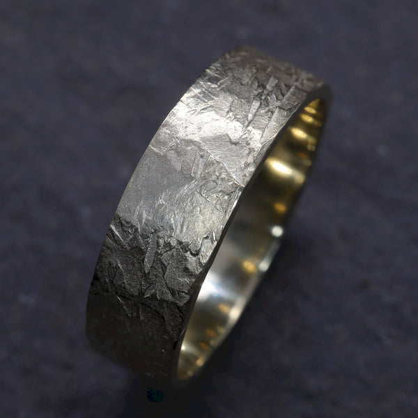 Yellow gold broad wedding ring - rustic flat hammered textured band - Windermere design.