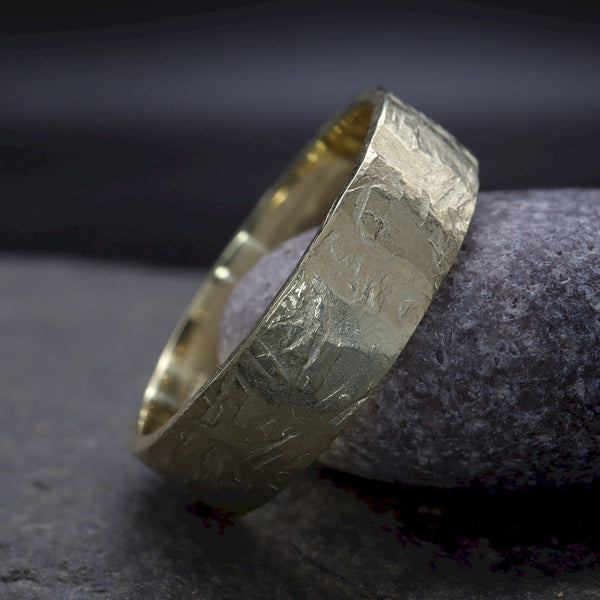 Yellow gold broad wedding ring - rustic flat hammered textured band - Windermere design.