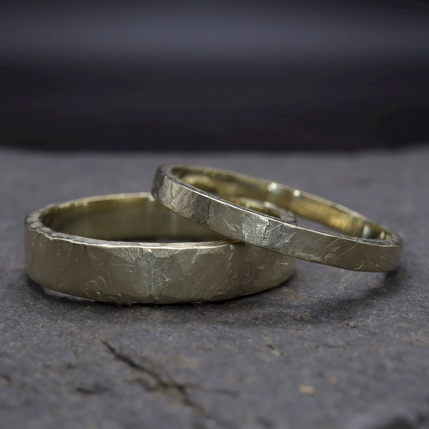 Yellow gold matching wedding ring set - rustic flat hammered textured band - original couples Windermere design - 2mm and 4mm.