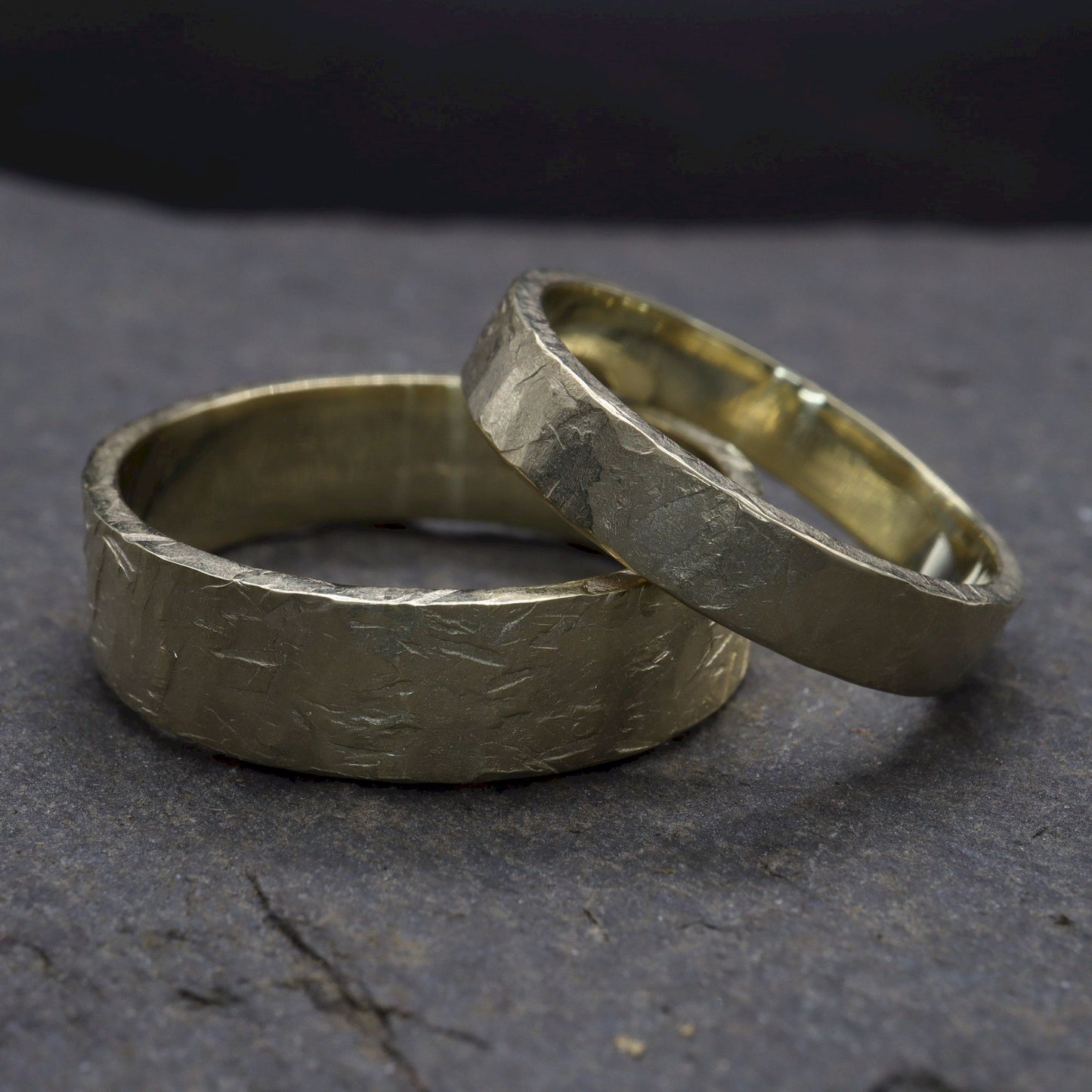 Yellow gold matching wider wedding ring set - rustic flat hammered textured band - original couples, Windermere design - 4mm and 6mm.